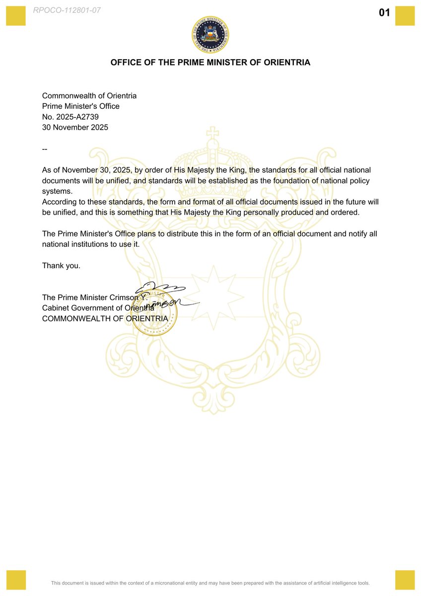 The Prime Minister's Office: The Prime Minister's Office announces that, as ordered by the royal household, all official documents from the federal institutions will be unified in the following format. 

#Document #Micronation