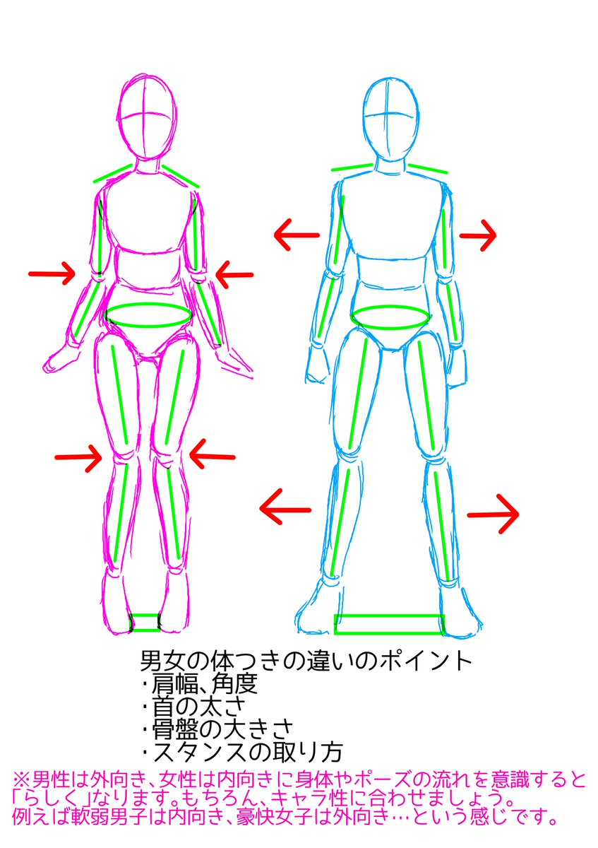 初心者さん向け【男女の体つきの描き分けの基本】 ※なのでポーズは