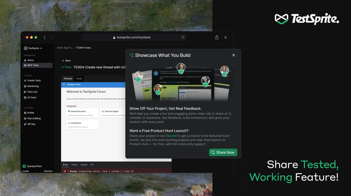 Test_Sprite's tweet image. Stop telling them you shipped fast. Show them! 🎥✨

Testing something cool with TestSprite? You can instantly generate demo video clips of what you built directly from your results! 🎥✨

Share your demo clips on X, gather feedback, and show the world how you&apos;re shipping faster!…