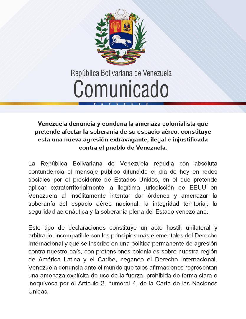 ConElMazoDando's tweet photo. #CalleBatallaYVictoria 
⏰ #ÚltimaHora 🚨

Venezuela denuncia y condena la amenaza colonialista que pretende afectar la soberanía de su espacio aéreo, constituye esta una nueva agresión extravagante, ilegal e injustificada contra el pueblo de Venezuela. https://t.co/GqQ2JfU1Qu