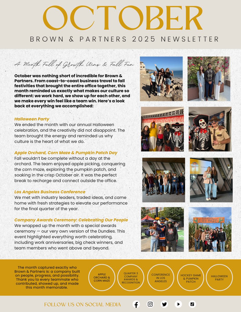 brownpartnerssc's tweet image. October was one for the books 🍂 From coast-to-coast business travel to fall festivities, and major wins, this month reminded us why our culture stands out — we support each other, keep growing, and make every milestone a shared victory. ✨
-
#teamculture #fallfun #businessgrowth