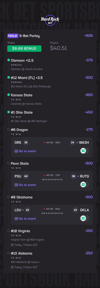 AiEdgePicks's tweet photo. So far so good on a nine leg parlay. All 70+ projected hit percentages

Overall, it ends up at about a 23% to 27% likelihood that it all comes in.

Fingers crossed !
#CollegeFootballPicks https://t.co/EY2lHzlENI