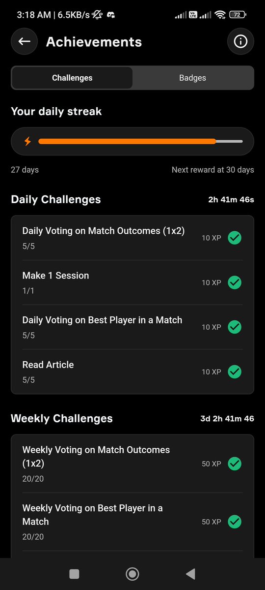 Tweeet4u's tweet image. My Daily @OneFootball app streak update 

Here is my today&apos;s &quot;Daily challenges&quot; done on the @OneFootball App  

⚽ Streak : 9️⃣8️⃣ Days / 27 days 
⚽ Daily voting match outcomes 5× ✅
⚽Make 1 session ✅ 
⚽Daily voting best player of match 5 ✅ 
⚽Read article 5× ✅ 

Onefootball…