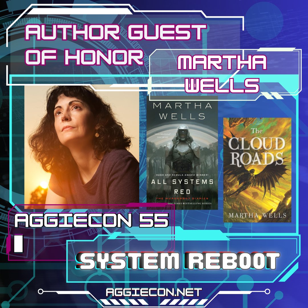 Aggie_Con's tweet photo. [ SYSTEM REBOOT IN PROGRESS ] 
> 
>  Installing AggieConOS_guests/guests_of_honor/authors/Martha_Wells 
> [ GUEST FOUND: Martha_Wells successfully installed ] 
AggieCon 55 is excited to announce our author Guest Of Honor, Martha Wells! https://t.co/stGXDKshgk