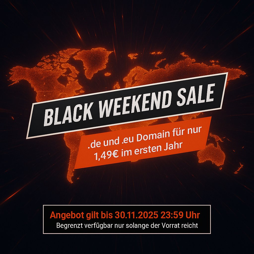 🚀 BLACK WEEKEND SALE!
Sichere dir deine  .de oder .eu Domain für nur 1,49€ im ersten Jahr!
Nur bis 30.11.2025 – 23:59 Uhr.

👉 Schnell sein, lohnt sich!!!

#nexosystems #domain #webhosting #server #kvmserver #blackfriday #blackweek