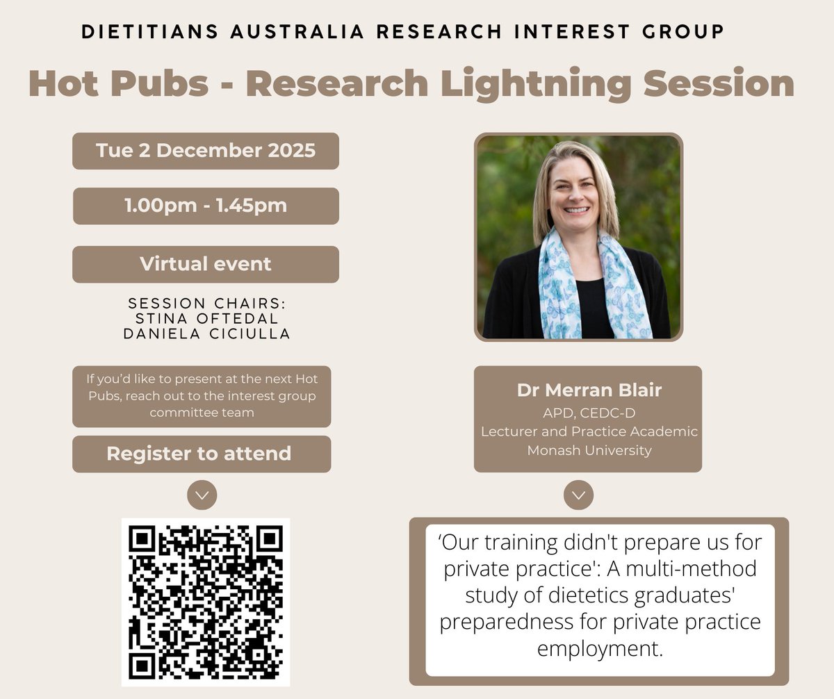 MonashNutrition's tweet image. Our own Dr Merran Blair is speaking at @dietitiansaus Hot Pubs session about #graduate #preparedness for #privatepractice and #placements on Tues 2nd Dec at 1pm.  Reserve your place here:
eventbrite.com.au/e/da-resig-hot…