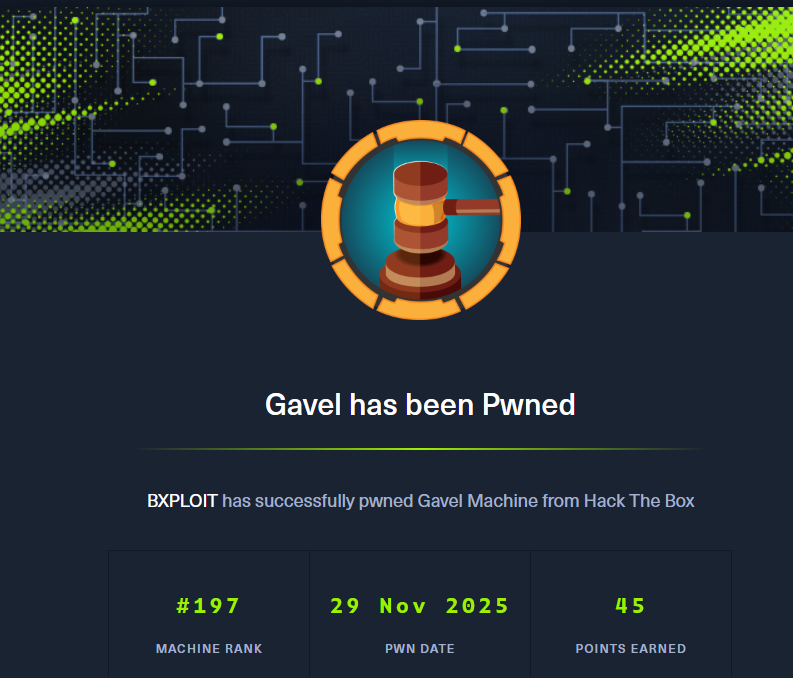 Bxploitxp's tweet image. Pwned 🥳 I&apos;ve finally reached platinum rank. 
labs.hackthebox.com/achievement/ma… 
#HackTheBox  #season9 #gavel