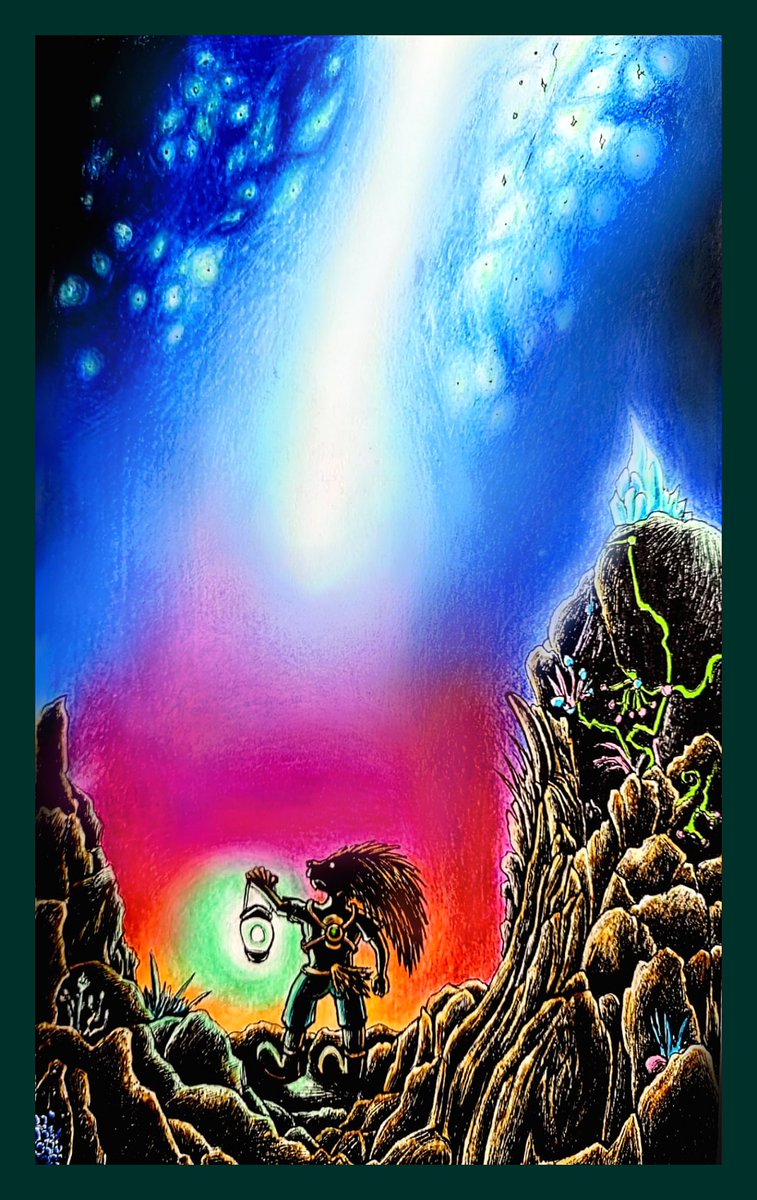 Octazure's tweet photo. "Seeker for Cyclopea"

Official "Anthroventures" art I made, featuring one of the characters, Abivion, on a solo search for something precious.  Made using markers, pens, prismacolor pencils &amp; highlighters on paper. It's old, but I touched it up, good enough to upload it &amp; share. https://t.co/yePH2J6n8T