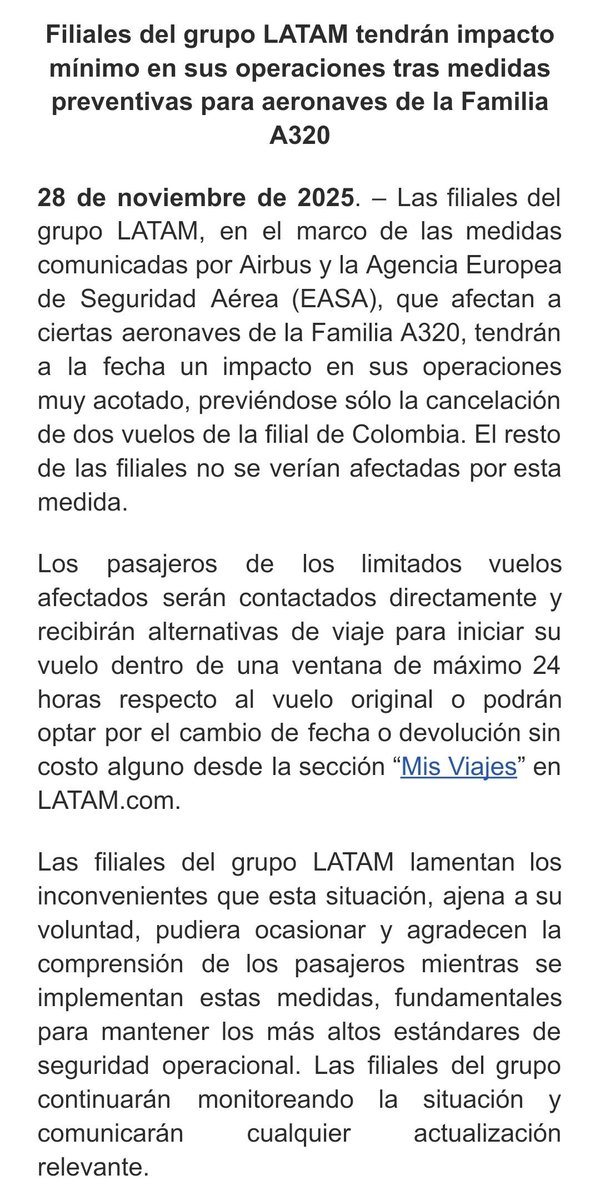 Hola Carlos, dejo comunicado oficial por si se te pasó: "ciertas aeronaves", esto quiere decir que no se quedan en tierra todos los aviones y mayoría volará y los que deben ser revisados, en 30 minutos en mantenimiento solucionan el problema. Por otro lado, es A320, 720 no existe
