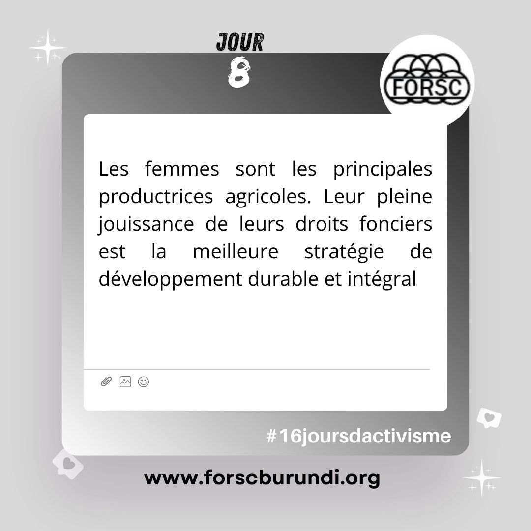 FORSC_BURUNDI's tweet image. La non-discrimination est un pilier solide de développement. Les femmes sont les principales productrices agricoles.   Leur pleine jouissance de leurs droits fonciers est la meilleure stratégie de   développement durable et intégral.
#Burundi
#J8 #16joursdactivisme