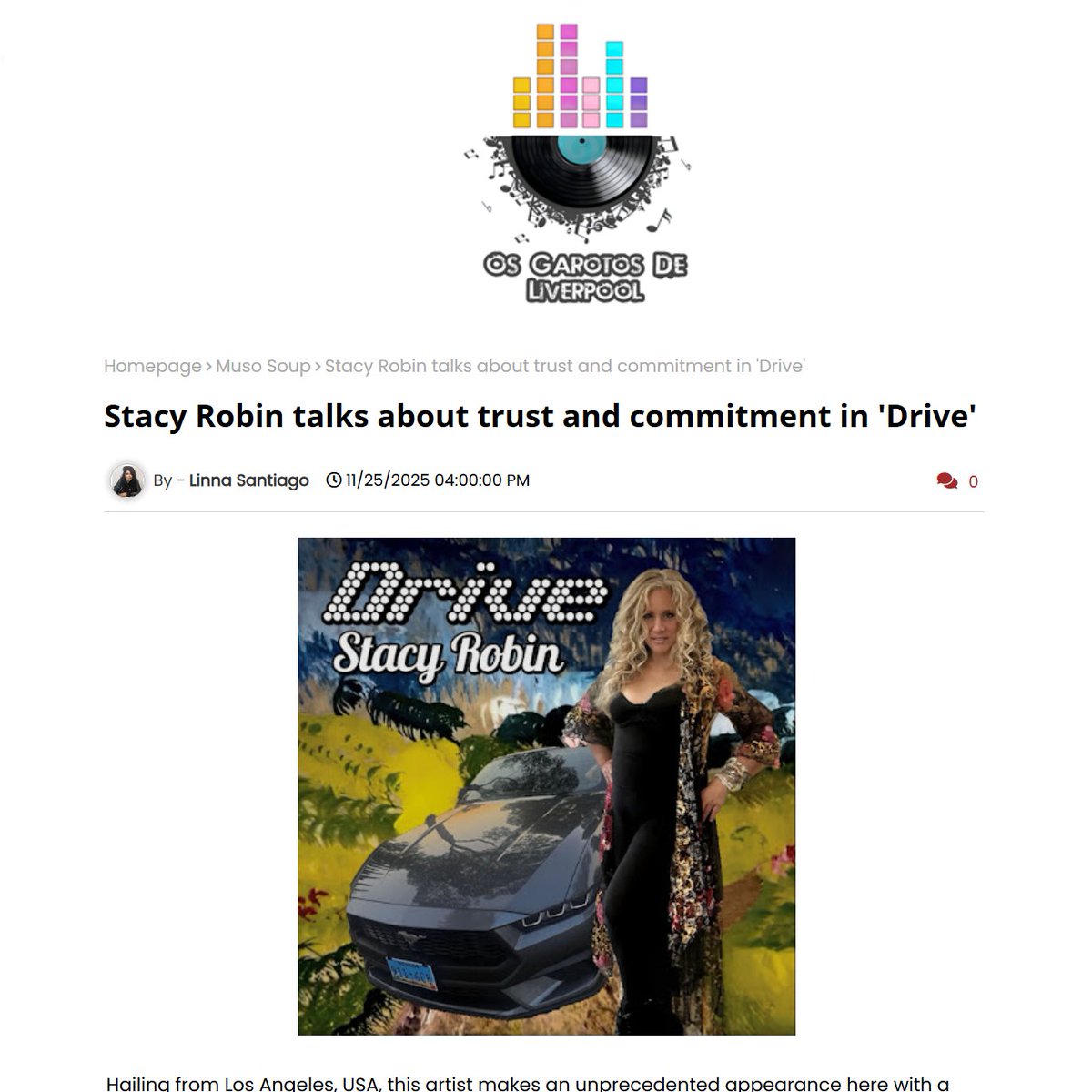Many Thanks to Brazilian publication Os Garotos de Liverpool - Tudo Sobre Música for this review of "Drive".
English translation screenshot below.  
Original link: osgarotosdeliverpool.com.br/2025/11/stacy-…

With thanks to Stacy Robinsongs