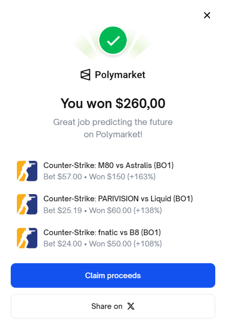 It was a good day at the Budapest Major

I bet on polymarket.com/?via=0xDanya