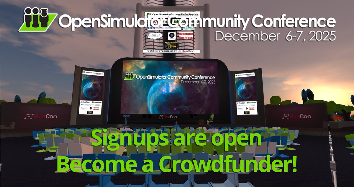 opensimcc's tweet image. Registration for the  OpenSimulator Community Conference #OSCC25 is open. 

There are still Expo Booths available to Showcase your grid, project, art, company, research or community. 

You can Register at ow.ly/8rXb50Xzvyr
#virtualworlds #vr #opensource