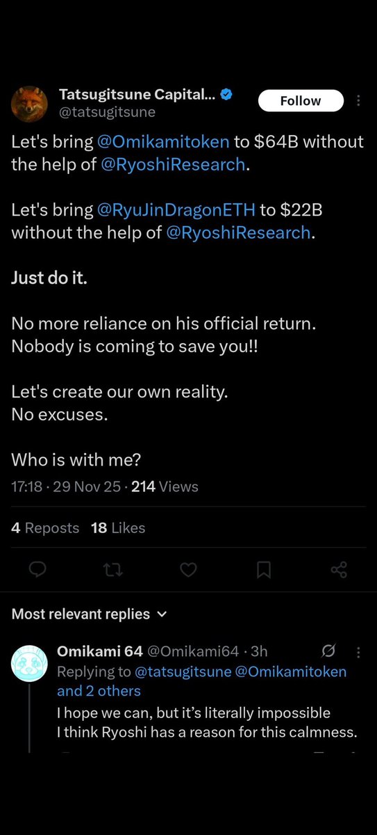 One of <a href="/Omikamitoken/">Omikami</a> major influencers and leaders, who repeatedly lied about the fake videos and about Ryoshi wallet, is now saying that Omikami should change the narrative and no longer depend on Ryoshi.😅

Flooding our <a href="/CoinMarketCap/">CoinMarketCap</a> and <a href="/dexscreener/">DEX Screener</a> with bots and fake votes