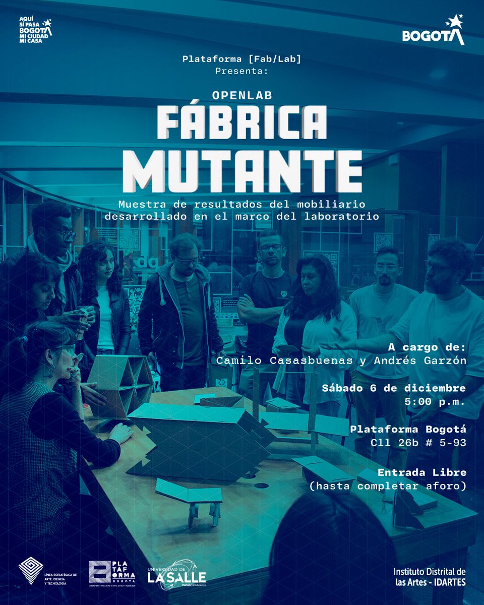 LineaACT_'s tweet image. Invitamos al Open Lab del laboratorio Fábrica Mutante, los asistentes podrán conocer el Coroto Lab, un sistema modular nómada que concentra los aprendizajes y discusiones.
 
📆 Sábado 6 de diciembre
🕔 5:00 p.m.
📍 Plataforma Bogotá (Cll 26B # 5-93)

#PB #FabLab #AquíSíPasa