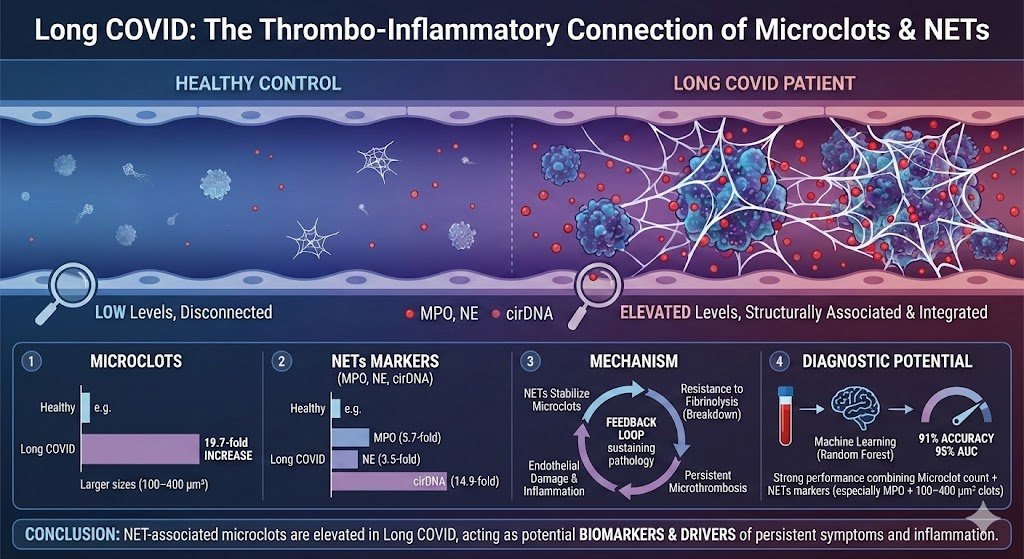 dlingenfelter's tweet photo. Long COVID patients show elevated microclots structurally linked to NETs, driving persistent inflammation.

These biomarkers enable 91% diagnostic accuracy, revealing a thrombo-inflammatory feedback loop behind lasting symptoms.
https://t.co/GuC0DQqDDn https://t.co/bE2vZ4dhu2