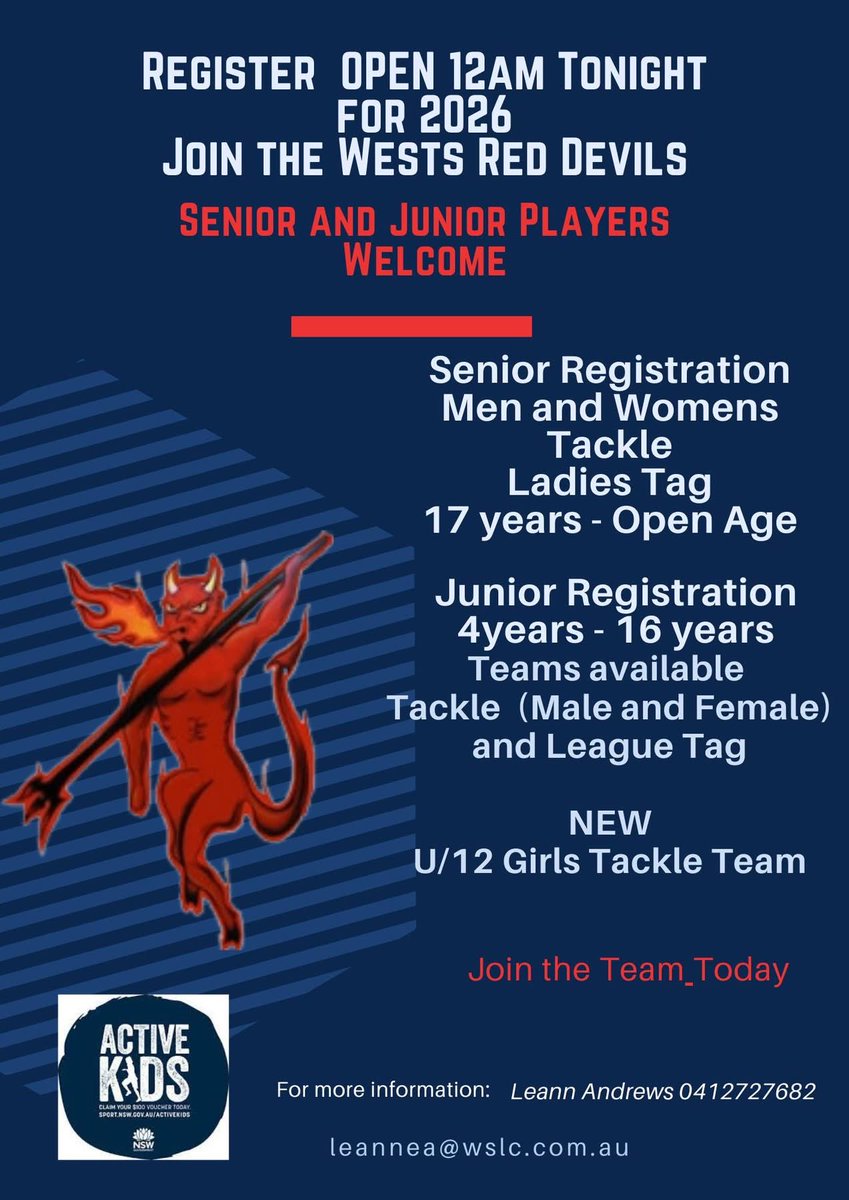 westsdevils's tweet image. Registrations opens for the 2026 season on the 01/12/2026 at 12am (midnight tonight). 

Below is the link to register. Once you open the link, put in (Western Suburbs JRLFC) or (Western Suburbs RLFC) in the search engine to help direct your registrations.

bit.ly/3Y25Yni