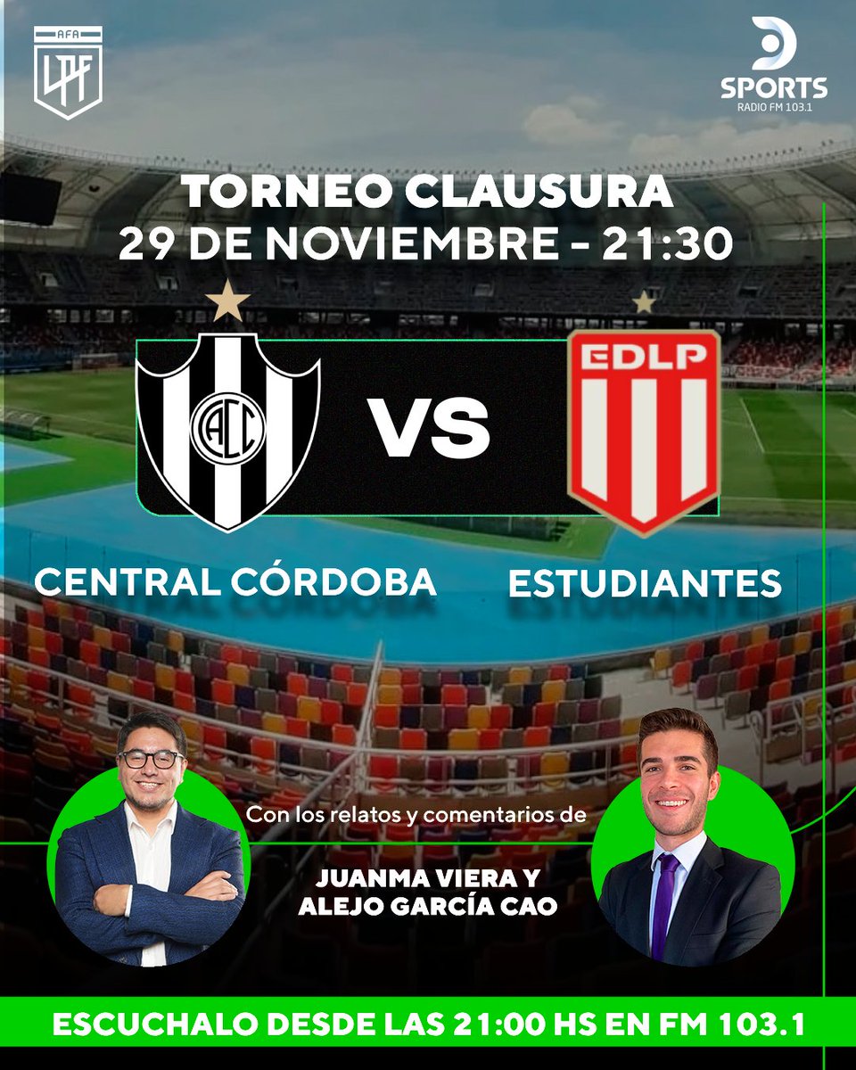 Arrancan los Cuartos de Final del #TorneoClausura en <a href="/DSportsRadio/">DSports Radio 103.1 FM</a> 103.1 
#CentralCordoba #EDLP 
Junto a <a href="/JuanmaViera27/">Juanma Viera</a> <a href="/alejogarciacao/">Alejo García Cao</a> <a href="/Leandropaz08/">Leandro Paz ✳️</a> y <a href="/EstebanSassi/">esteban sassi</a>