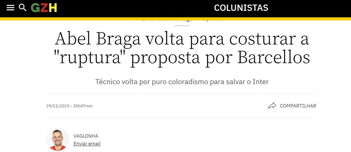 Barcellos se elegeu propondo uma ruptura com o passado do Inter. Agora que o Inter está enrrabado na Zona de Rebaixamento, ele só fala da instituição e que o Inter é "Gigante". O que ele fez para o Inter ser Gigante?
Com Abel Braga e D'Alessandro só falta o Roberto Melo.