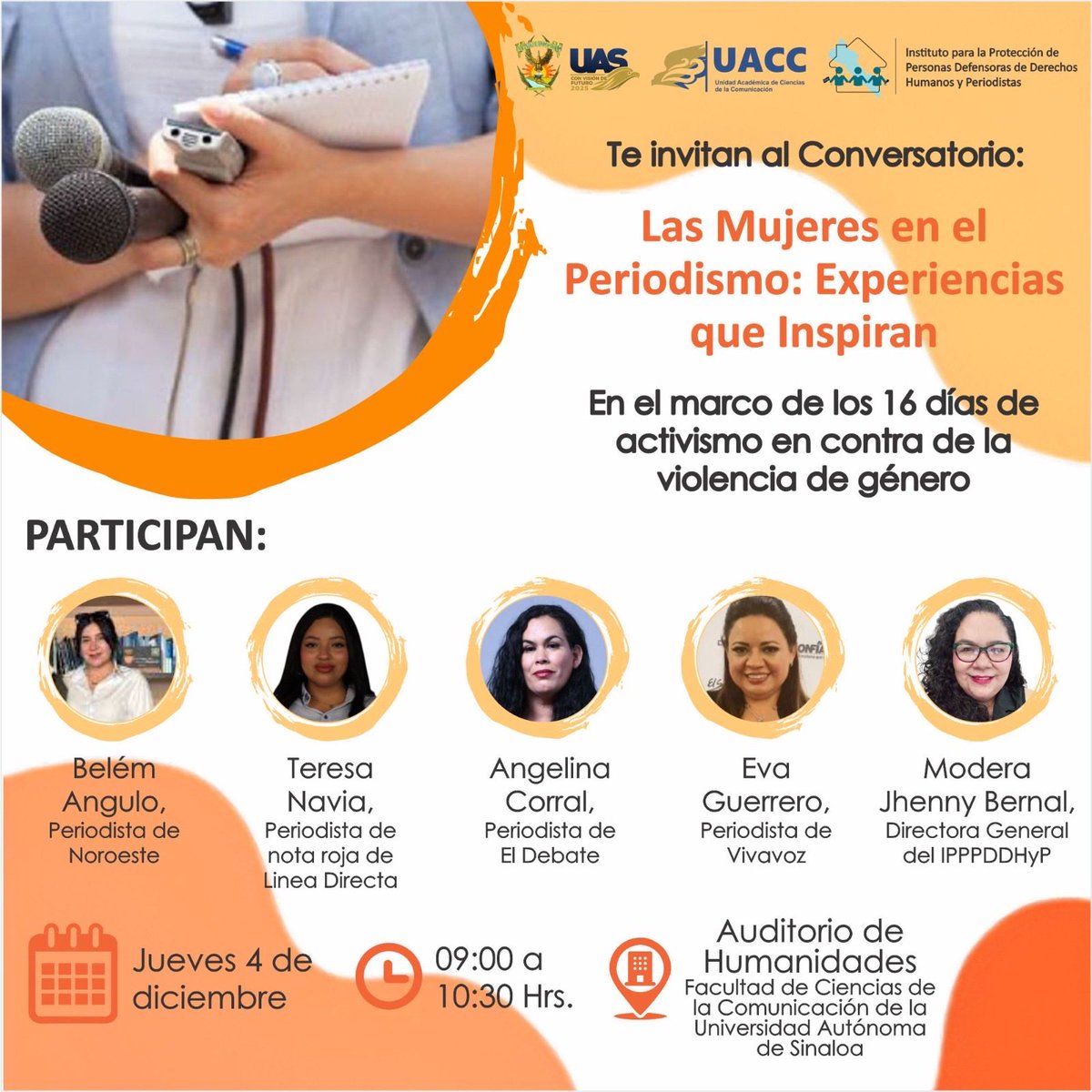 InstitutodePro's tweet image. 📢El #InstitutoDeProtecciónSinaloa en coord. con la UAS invitan al Conversatorio: “Las Mujeres en el Periodismo: Experiencias que Inspiran”.

🗓 Jueves 4 de diciembre 
🕤09:00 Hrs.
📍Auditorio de Humanidades de la Facultad de Ciencias de la Comunicación UAS

📌Más información 👇