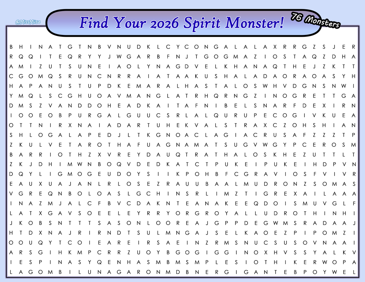 MissMiisu's tweet photo. First monster you see is your 2026 MH Spirit Monster! 🍻

The word search goes ➡️⬇️↘️

So be honest, who did you get?? https://t.co/pvRs5DmMOR
