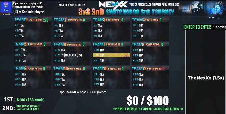 XBL_NexXx's tweet image. Will be live with a $100+ 3v3 SnD SWITCHAROO tomorrow!

If you are a subscriber to the stream its free to enter!
Just type !ENTER in chat.

Draft starts at 5:30 PM EST

Twitch: twitch.tv/thenexxx
Discord: discord.gg/aqwrYXxbCY

Join discord for more info / Any questions!