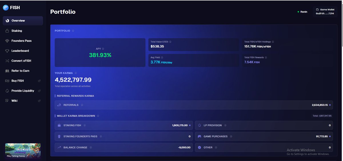 jenxang08's tweet image. Aside from my in-game rewards on @FishingFrenzyCo , I’m earning an additional 3.77k $FISH ($14) per day through passive income. 

Simply by staking and participating in KARMA-generating activities. 

Chapter 2 started just two days ago! If you’re interested in playing, you can…