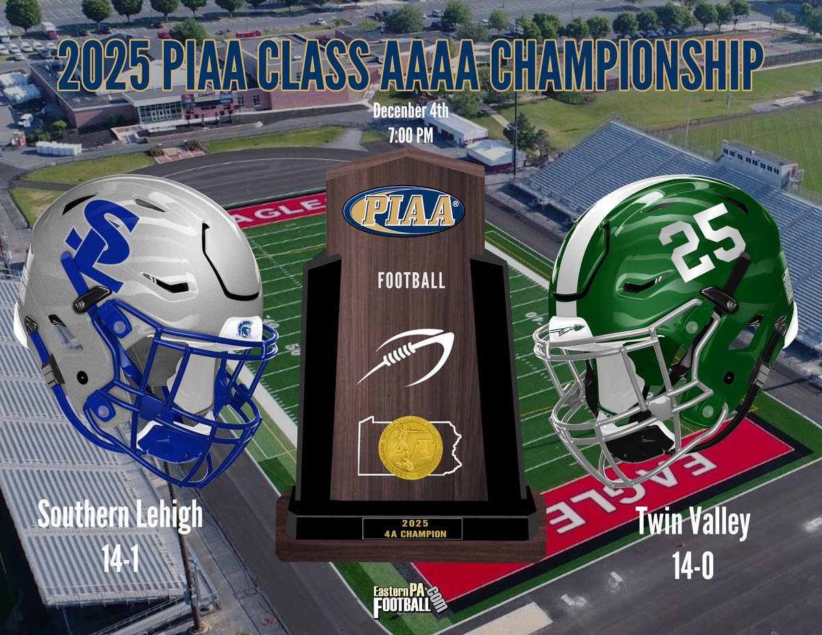 Here are the 2025 1A, 2A, 3A, 4A and 5A PIAA football finals. 

One of the 6A semi final games is going on now.

Finals Schedule
1A:  Thursday, 12-4, 1 PM
4A: Thursday, 12-4, 7 PM

2A:  Friday. 12-5, 1 PM.
5A:  Friday. 12-5, 7 PM.

3A:  Saturday, 12-6, 1 PM.
6A:  Saturday, 12-6,