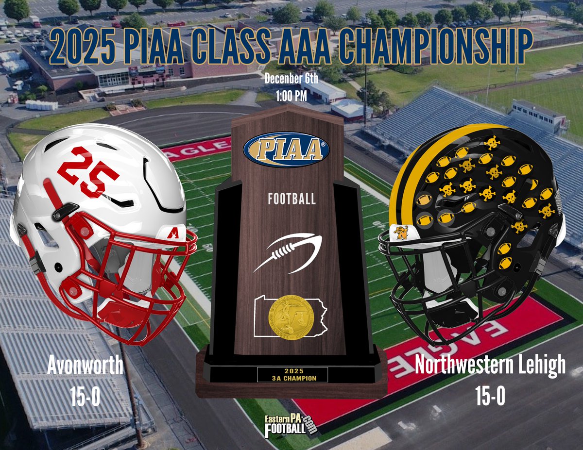 sol_Alpha001's tweet photo. Here are the 2025 1A, 2A, 3A, 4A and 5A PIAA football finals. 

One of the 6A semi final games is going on now.

Finals Schedule
1A:  Thursday, 12-4, 1 PM
4A: Thursday, 12-4, 7 PM

2A:  Friday. 12-5, 1 PM.
5A:  Friday. 12-5, 7 PM.

3A:  Saturday, 12-6, 1 PM.
6A:  Saturday, 12-6, 7 PM.

1A, 2A, 3A and 4A: 👇👇