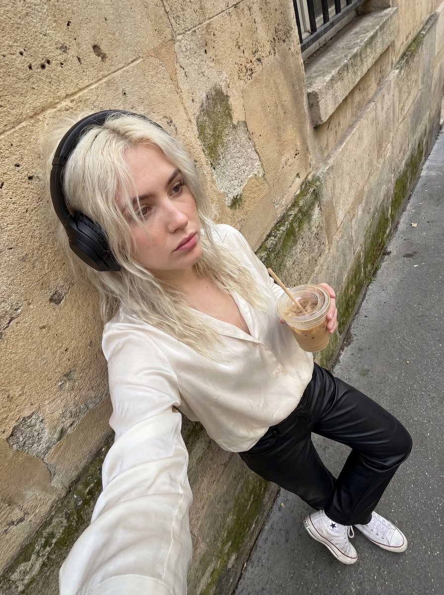 mentalcoder's tweet image. This is much better:

A spontaneously captured iPhone-styled candid photo of a young woman with platinum hair casually lounging against a textured, slightly weathered Parisian stone wall on a city sidewalk. She wears understated effortless cool conveyed through an ivory silk…