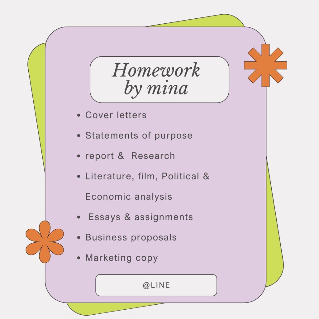 TheHomeworkMina's tweet image. ✨รับทำงานทุกชนิด🎢🎠 
🛼 Research, reports
💭 Paraphrasing AI
🍿 Literature and film analysis
🧸 Essay &amp;amp; assignments
💫 Cover letter
🥁 Statement of purpose
#dek69 #dek70 #TCAS69 #รับทํารายงาน #รับทําการบ้าน #รับทําวิจัย