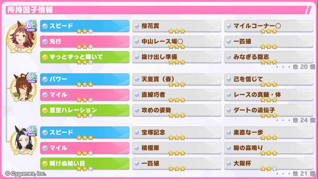 konohaUMApyoi's tweet image. [ウマ娘 プリティーダービー]
先行因子です！(*≧∀≦*)
真髄体が7つや他にも使いやすい先行因子が沢山あるので良かったら使ってみてください！

#ウマ娘 #ゲームウマ娘 #トレーナー名刺