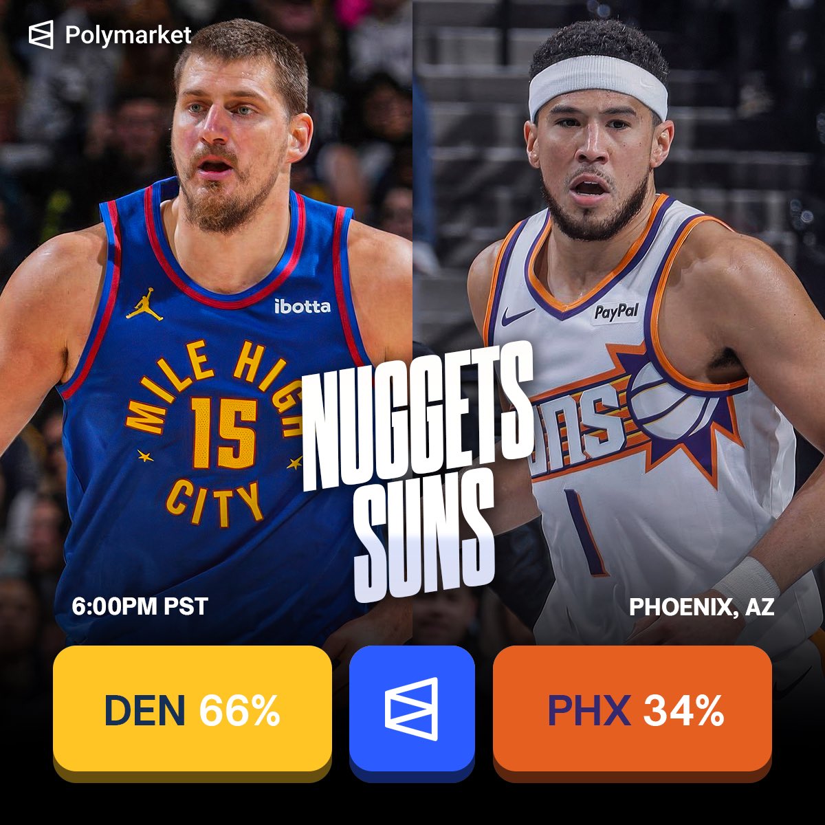 PolymarketSport's tweet image. Jokic is always hard to beat when he’s in MVP form, but don’t sleep on D Book! Who you riding with??? 🤔

$100→$230 on Sportsbooks 😟
$100→$244 on Polymarket 😇