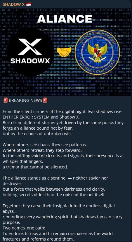 FalconFeedsio's tweet image. 🚨 Alert: New Hacktivist Alliance 🚨

ENTHER ERROR SYSTEM and Shadow X have officially announced a new alliance.