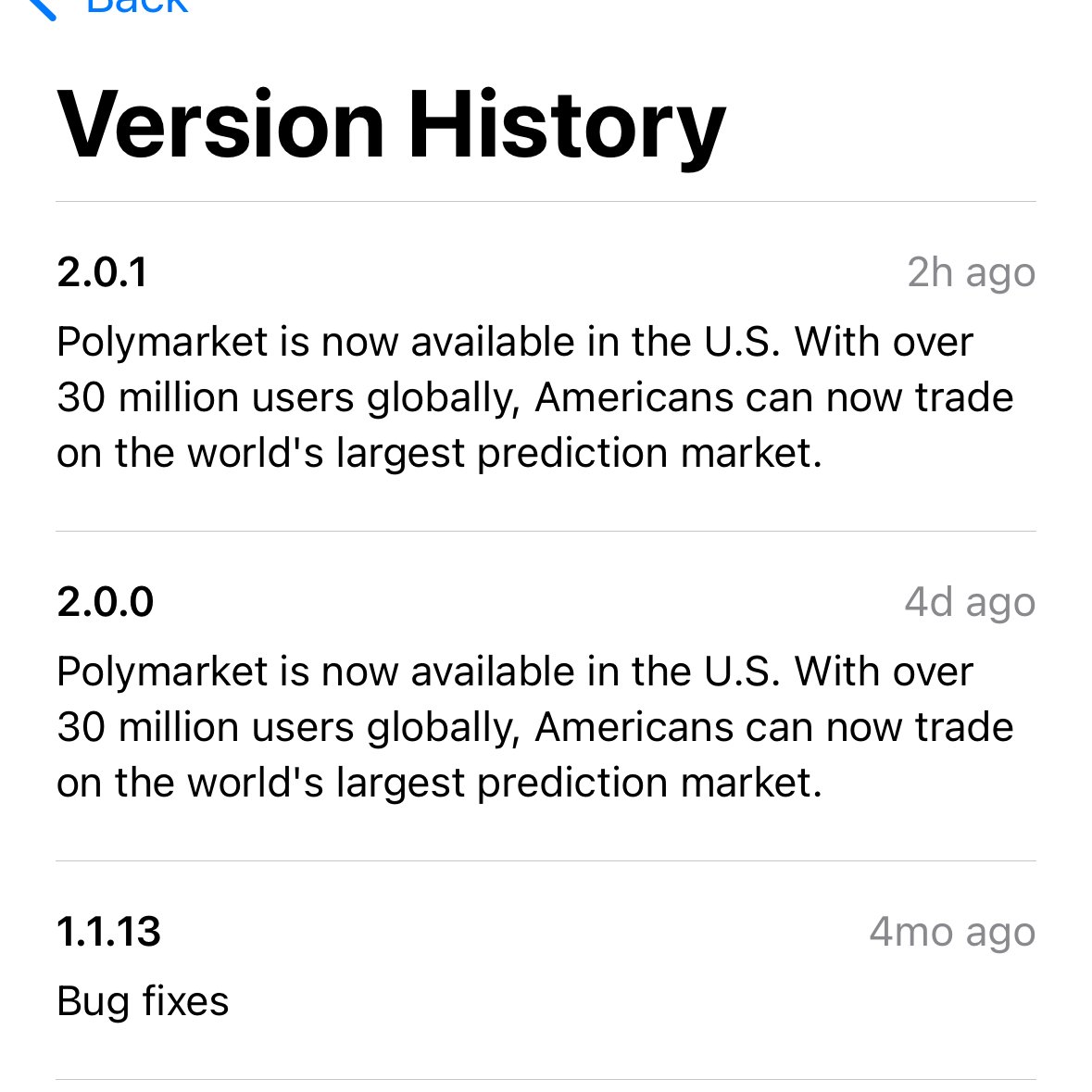 JeongHaeju's tweet photo. BREAKING: Polymarket just pushed its second app update in 4 days, after zero updates for 4 months.

The new update quietly adds a U.S. waitlist + referral system that lets you move up the list by sharing your link. Seems like the app is ready for use, just need to have access like the beta testers. Just like the 2.0 update earlier this week, this slipped completely under the radar.

With the CFTC approval, a full UI overhaul, a new intro video, and now a U.S. waitlist system, all in the last 5 days, U.S. launch is clearly imminent.

Yet the market is still pricing “Polymarket US live in 2025” at 74%

A lot has changed in the last 5 days and all signs point in one direction.
