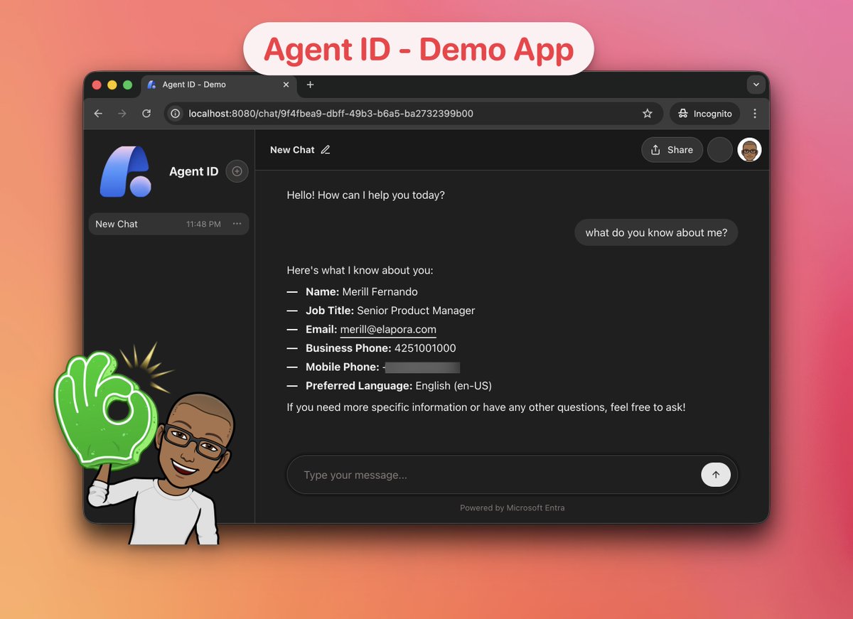 merill's tweet image. Small teaser of an Agent ID integrated demo app I&apos;m building that runs with zero Microsoft technologies and frameworks and using Entra ID for auth. 

This is to prove that Agent ID is for ALL agents, not just ones built on Microsoft technologies or running on Microsoft platforms.…