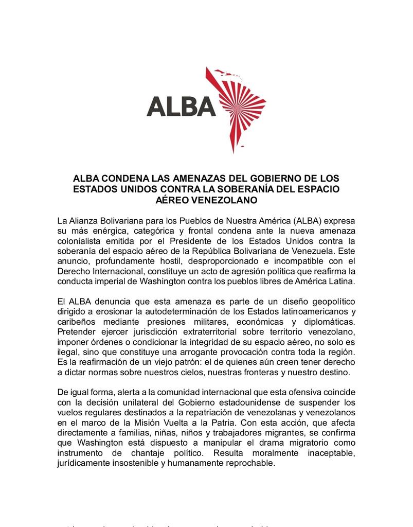 ALBATCP's tweet image. #COMUNICADO || ALBA CONDENA LAS AMENAZAS DEL GOBIERNO DE LOS ESTADOS UNIDOS CONTRA LA SOBERANÍA DEL ESPACIO AÉREO VENEZOLANO
