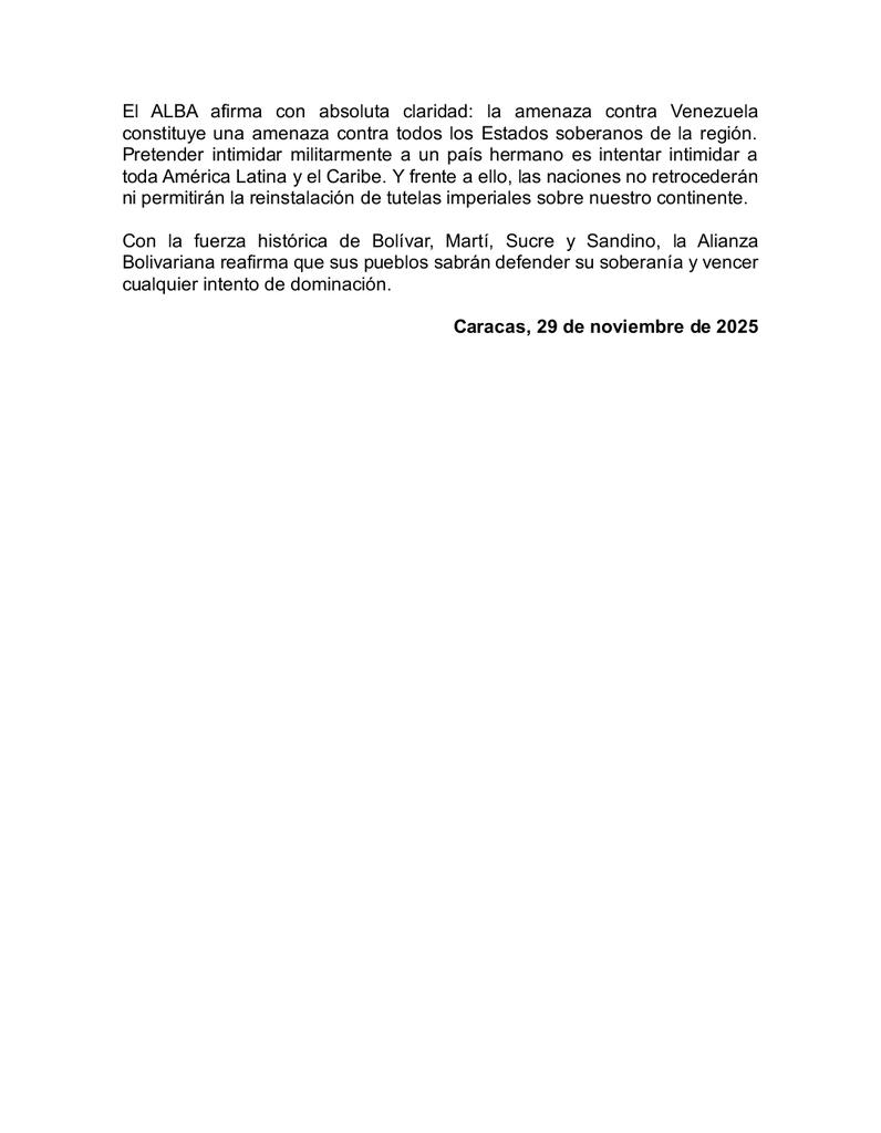 ALBATCP's tweet image. #COMUNICADO || ALBA CONDENA LAS AMENAZAS DEL GOBIERNO DE LOS ESTADOS UNIDOS CONTRA LA SOBERANÍA DEL ESPACIO AÉREO VENEZOLANO
