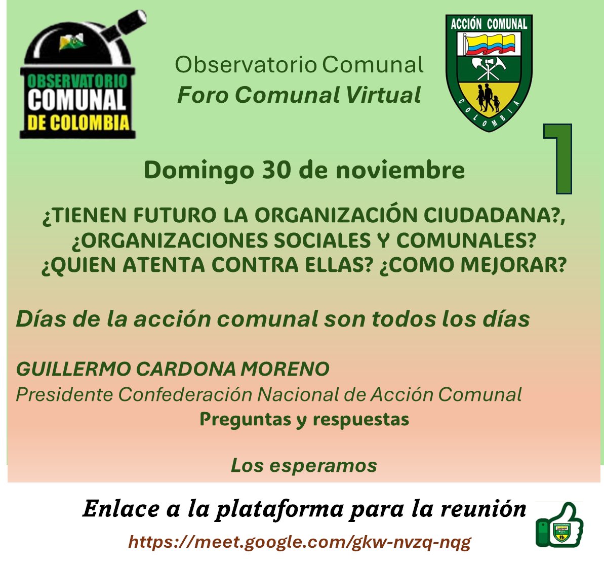 ObseComunalDdhh's tweet image. FORO COMUNAL VIRTUAL 30/11/2025
TEMA Y FORO ABIERTO:

¿TIENEN FUTURO LA ORGANIZACIÓN CIUDADANA?, ORGANIZACIONES SOCIALES Y COMUNALES? ¿QUIEN ATENTA CONTRA ELLAS?

¿COMO MEJORAR?
Preguntas y respuestas