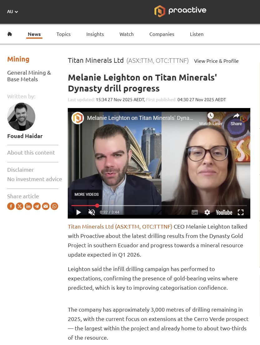 Titan Minerals CEO Melanie Leighton talked with @Proactive_au about the latest drilling results from the Dynasty Gold Project in southern Ecuador and progress towards a mineral resource update expected in Q1 2026.

📺 Watch video buff.ly/Z2TJlni

$TTM.ax #gold #copper