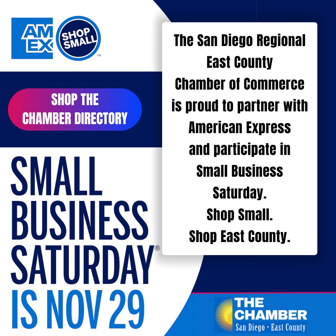 sdeccc's tweet image. Today is #ShopSmallSaturday - support your local merchants in #EastCounty 🛍️ Check out the #SDECCC #MemberDirectory - business.eastcountychamber.org/list