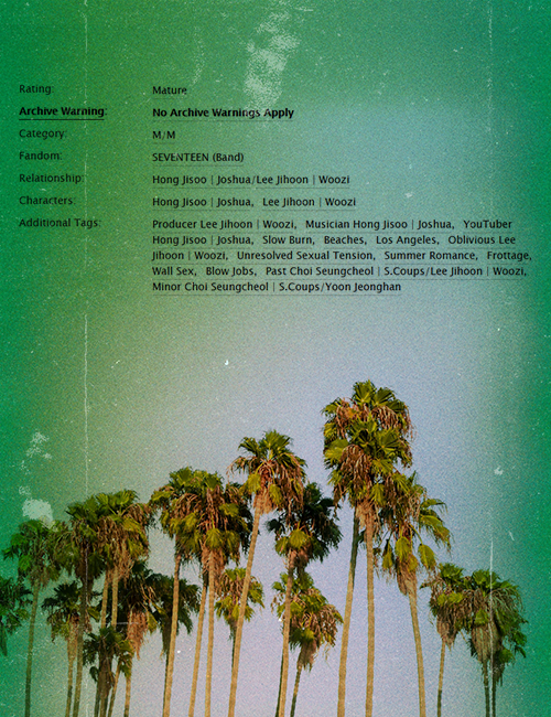 "i can't get you out of my head" [2/5]
🦌🍚 california summer romance
📑: producer 🍚, musician youtuber 🦌, beaches, past 🍒🍚, minor 👼🍒

🔗: ao3.org/works/74248166
📑: ao3.org/works/74248166…