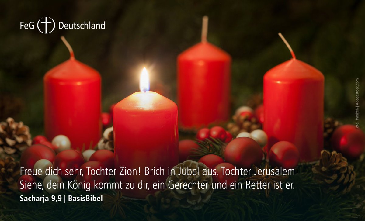 Euch einen erwartungsvollen 1. Advent, denn Jesus ist gekommen und wird wiederkommen: "Freue dich sehr, Tochter Zion! Brich in Jubel aus, Tochter Jerusalem! 
Siehe, dein König kommt zu dir, ein Gerechter und ein Retter ist er." (
Sacharja 9,9 | BasisBibel)
#FeG #FeGDeutschland
