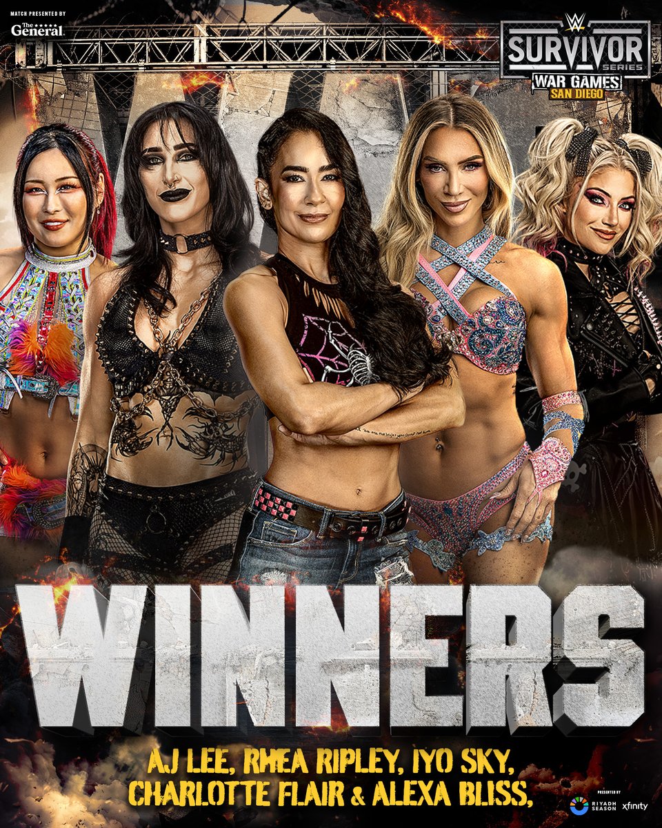 IYO SKY, Rhea Ripley, AJ Lee, Charlotte Flair, and Alexa Bliss are your Women's WarGames winners! 🔥⛓️

#SurvivorSeries #WarGames
