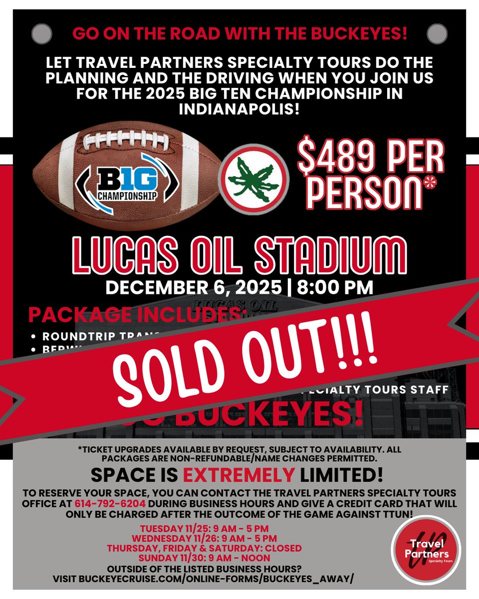 BuckeyeCruise's tweet photo. You have blown us away and we are so excited to announce that our Big Ten Package is SOLD OUT! You all showed out in support for our Buckeyes!

If you are interested in being on the list for future trips, please give us a call Monday at  614-792-6204, select option 2!

GO BUCKS!! https://t.co/H8n4mxxCZU