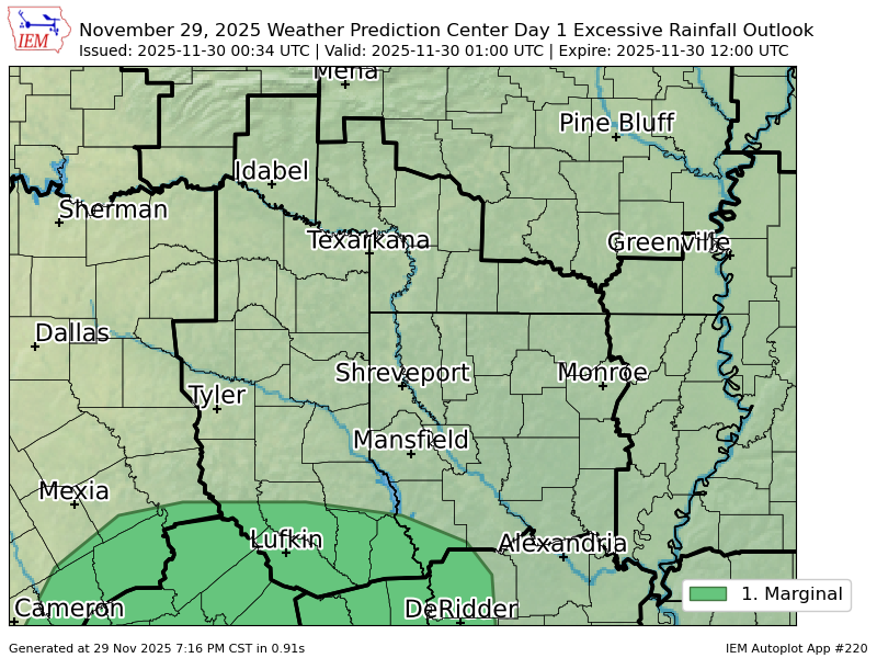 iembot_shv's tweet image. WPC issues Day 1 Marginal Risk Excessive Rainfall Outlook at Nov 30, 0:34z for SHV wpc.ncep.noaa.gov/qpf/excessive_…