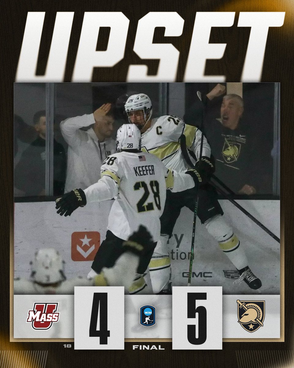 NCAAIceHockey's tweet image. UPSET ALERT🚨

@ArmyWP_Hockey defeats No. 18 Massachusetts, 5-4!

#NCAAHockey