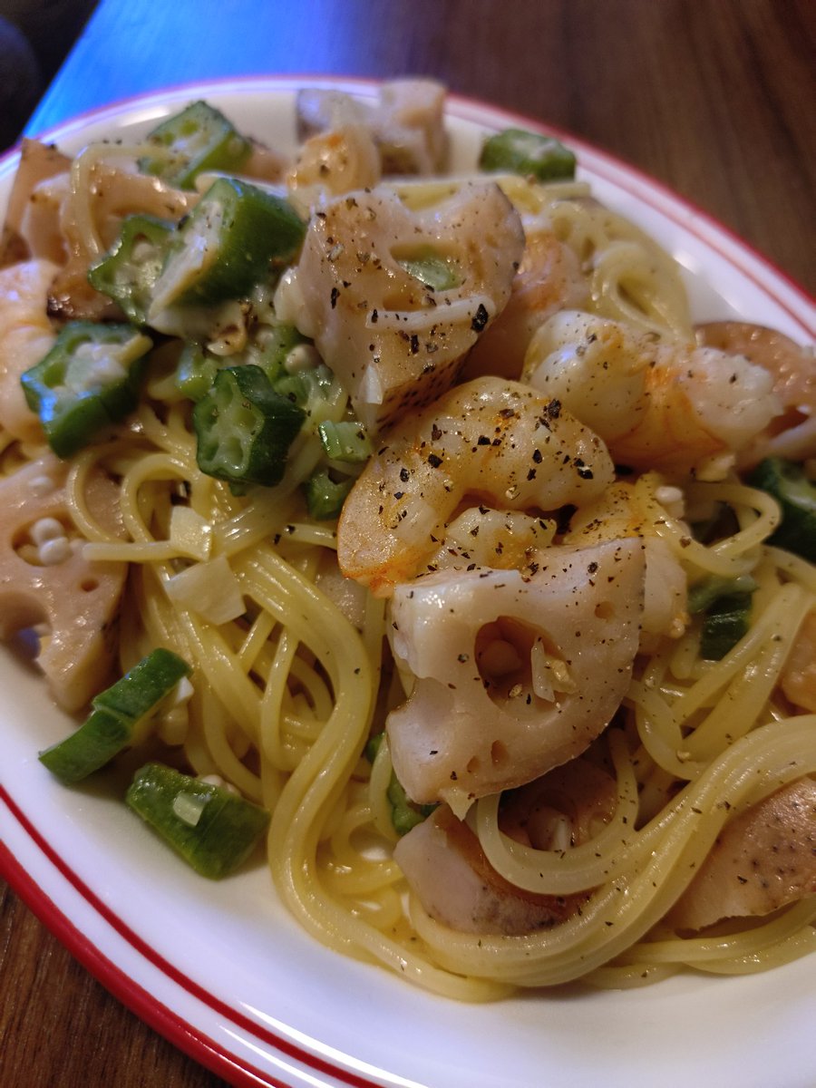 nm0001's tweet image. Garlic Oil Pasta with Shrimp, Okra and Lotus Root. Good Morning!
エビとオクラと蓮根で朝パスタ
#pasta #パスタ #breakfast #朝食 #朝パスタ