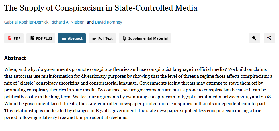 "The Supply of Conspiracism in State-Controlled Media" by Gabriel Koehler-Derrick, Richard A. Nielsen, and David Romney. journals.uchicago.edu/doi/10.1086/73…