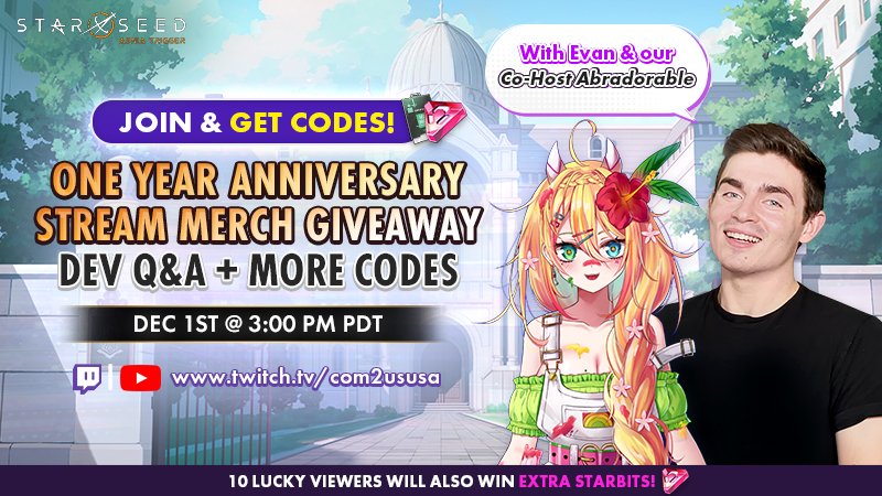 Attention Architects! 📢

We are gearing up to celebrate the 1-year anniversary of Starseed this Monday! 

As usual we'll be joined by Evan and <a href="/Abragator/">Abra the Alligator 🐊🌺🌴 || EnVtuber V2.0</a> for our DEV Q&amp;A, Starbit raffle, and a special MERCH GIVEAWAY!

Make sure to tune in because there will also be codes!🎟️